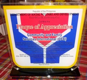 DSWD's Plaque of Appreciation for CFSI