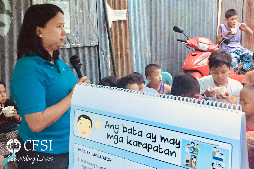 Discussion on Children's Rights four categories using flipchart. Around 30 kids participated with the help of Brgy. 88 Sanguniang Kabataan being the lead organizer, food and gifts for kids are provided by the Barangay.